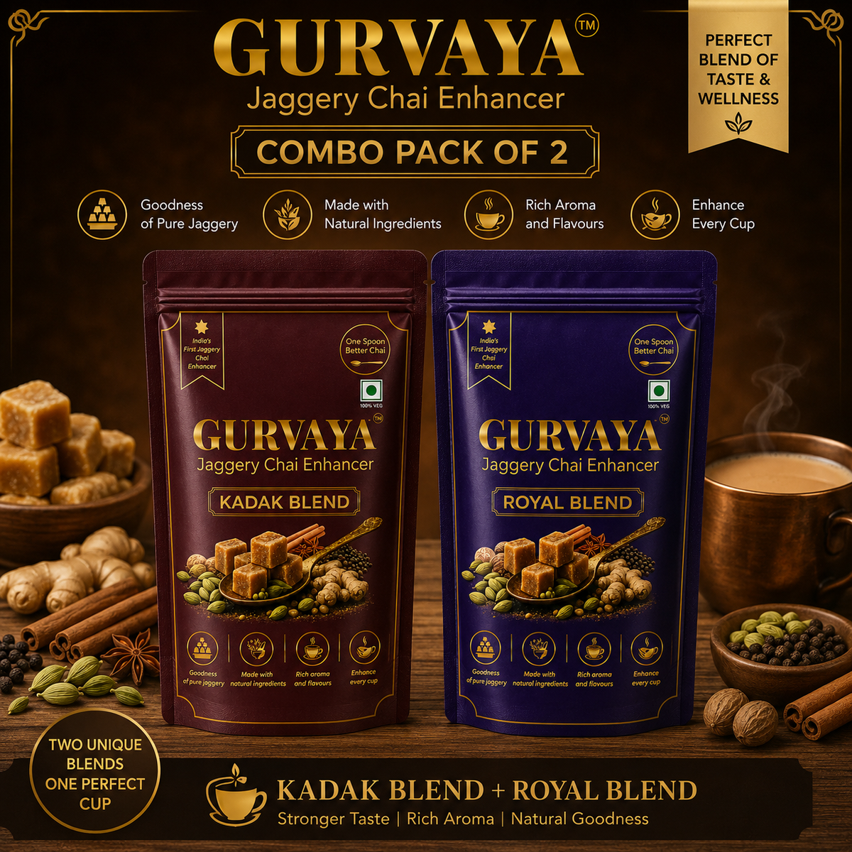 Kadak Blend & Royal Blend – Pack of 2 | Premium Jaggery Chai Enhancer Combo