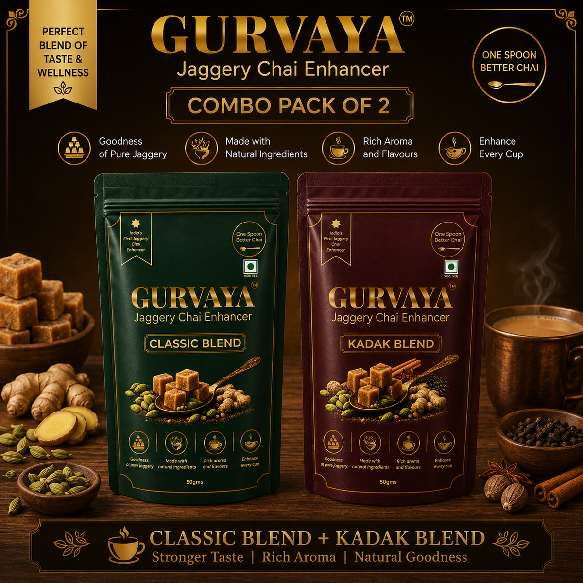 Classic Blend & Kadak Blend – Pack of 2 | Premium Jaggery Chai Enhancer Combo