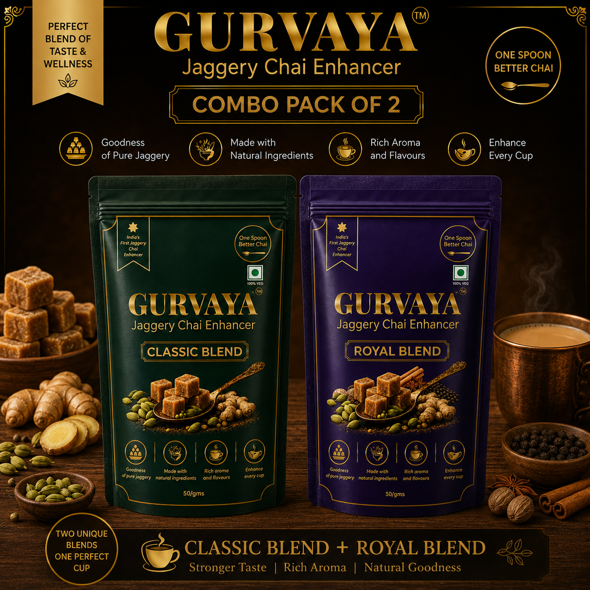 Classic Blend & Royal Blend – Pack of 2 | Premium Jaggery Chai Enhancer Combo