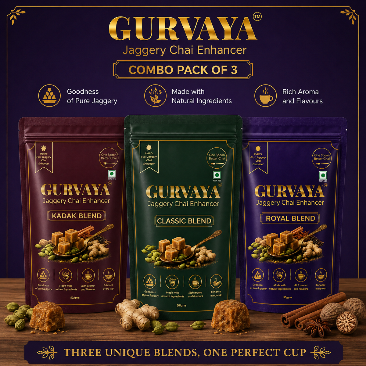 Classic, Royal & Kadak Blend – Pack of 3 | Premium Jaggery Chai Enhancer Combo